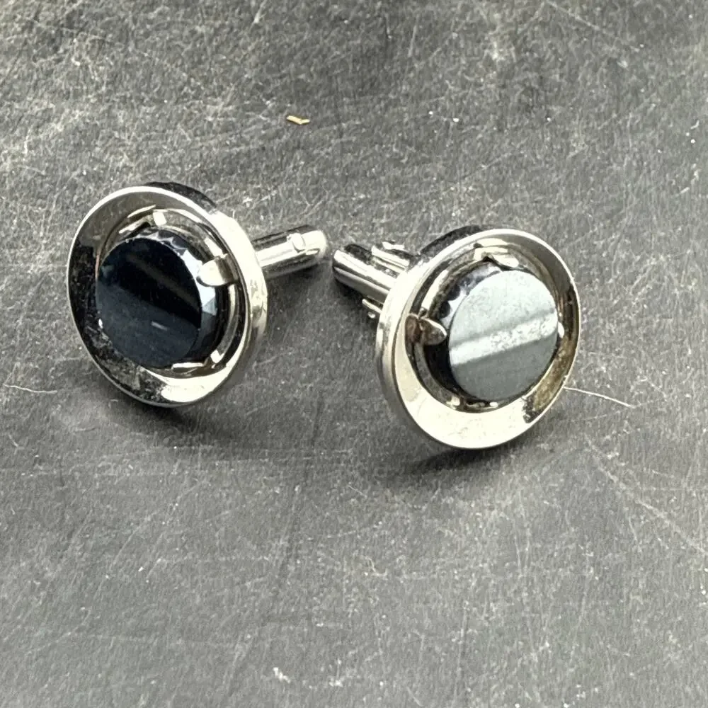 Vintage Silver Tone Black Onyx Look Round Cufflinks Mens Formal Jewelry Pair